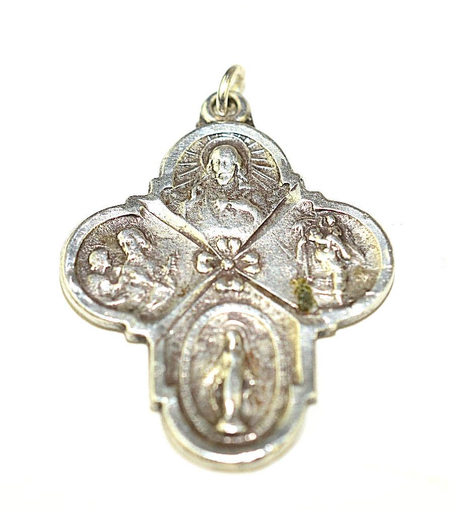 VINTAGE MORAN STERLING SILVER MULTI MEDAL CROSS PENDANT JESUS MIRACULAOUS MARY