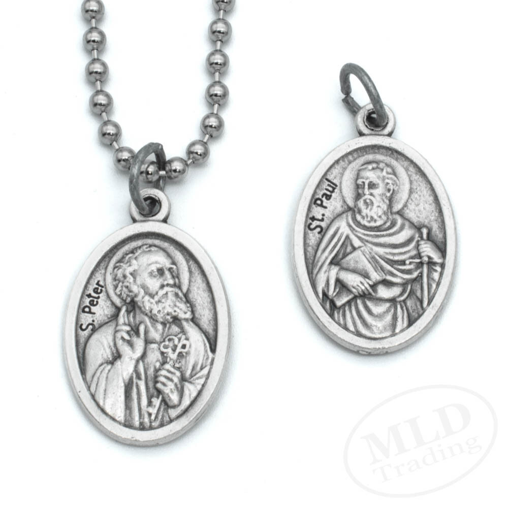 Saint Peter & St Paul Reversible Medal Pendant Necklace Italy w 24″ Ball Chain