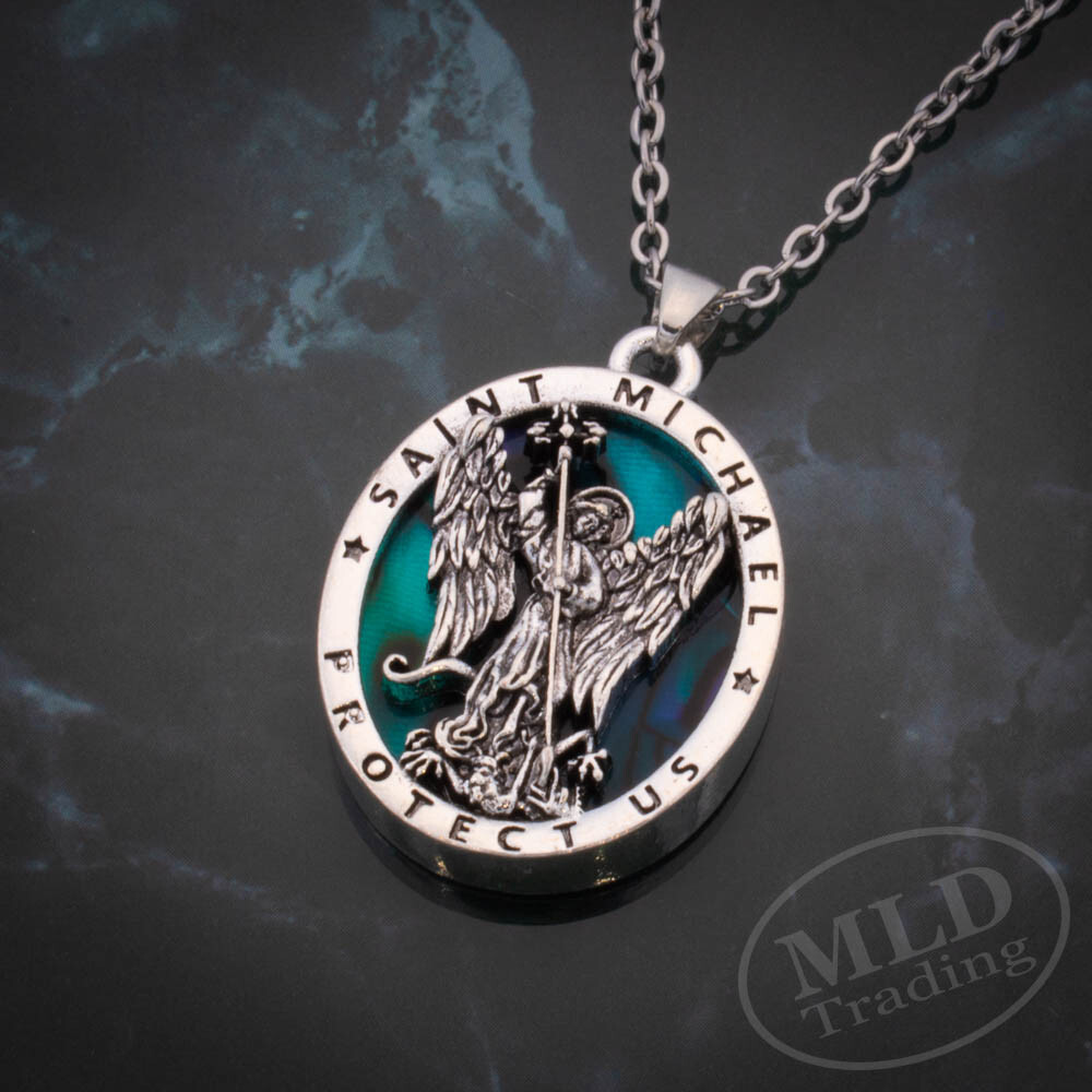Saint St Michael Pendant Necklace, Religious Protector Medal, Alloy, 18″ Chain