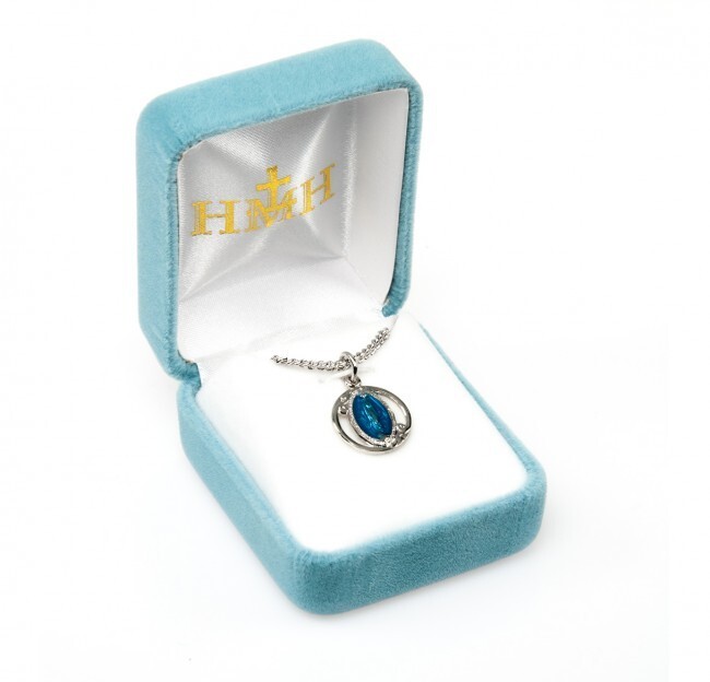 Sterling Silver Blue Enameled Miraculous Medal, US MADE, 0.7″ x 0.6″, 18″ Chain
