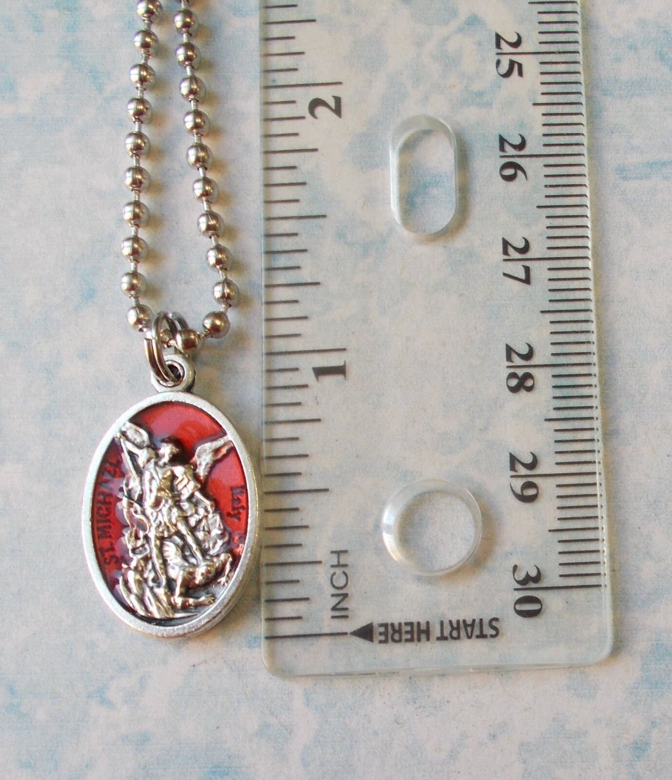 St Michael Archangel /Guardian Angel Medal w/ Red Enamel Necklace 24″ Ball Chain
