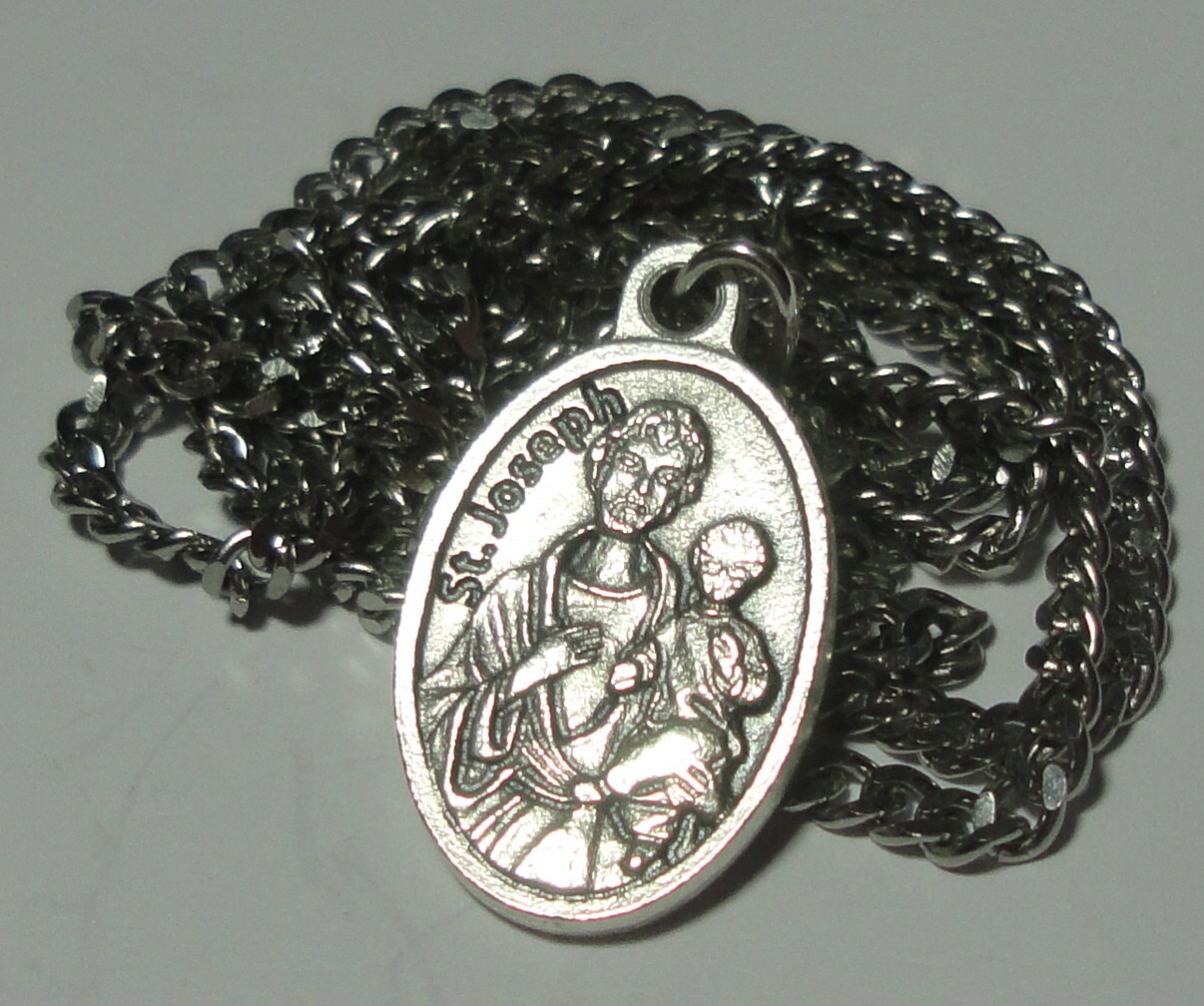 St Joseph Third Class Relic Holy Medal on 24″ Stainless Steel Chain