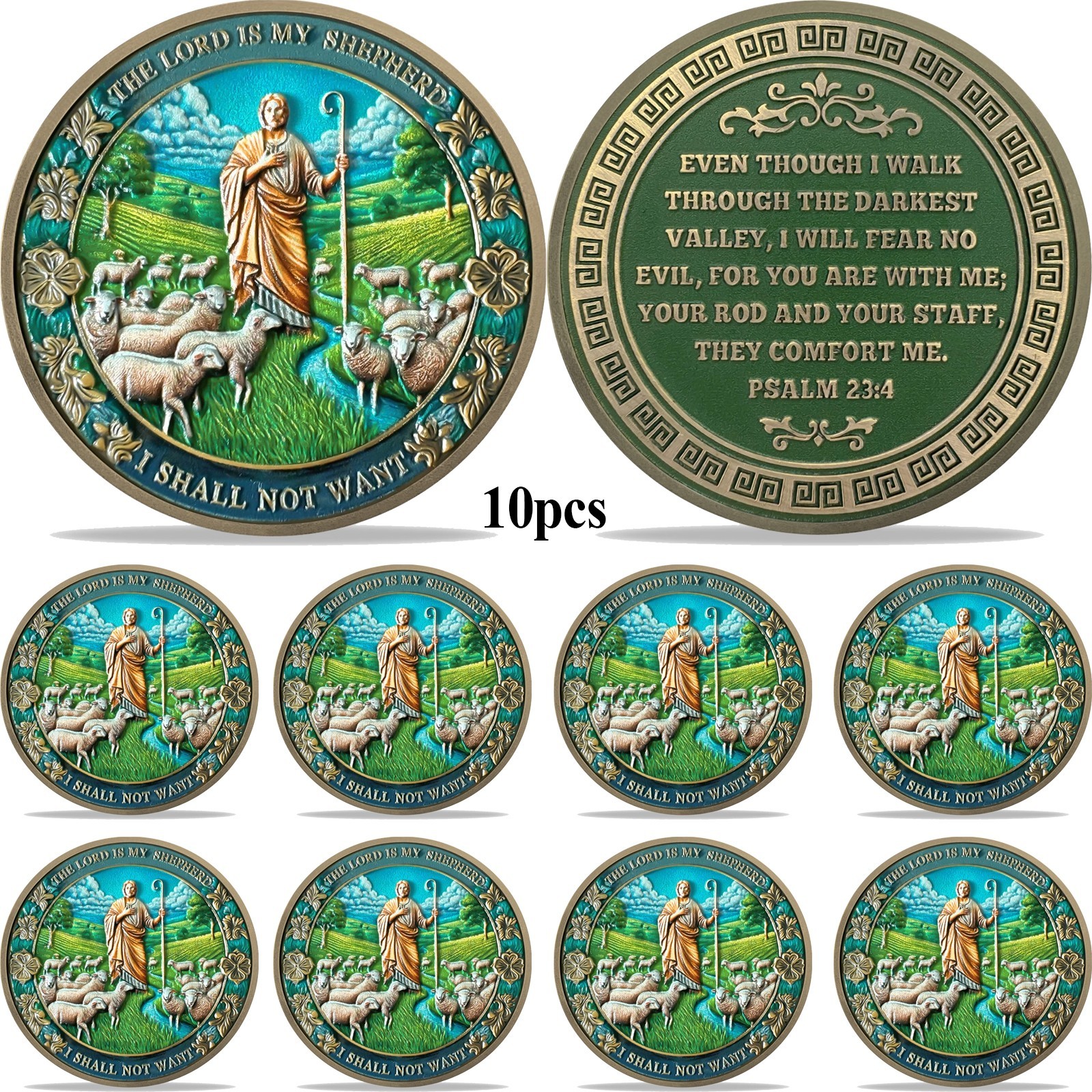 10pcs Christian Challenge Coin The Lord is My Shepherd Psalm 23:4 Verse Coin Set
