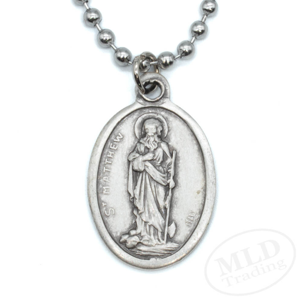 Saint St Matthew Pray For Us Prayer Medal Pendant Necklace Italy 24″ Ball Chain
