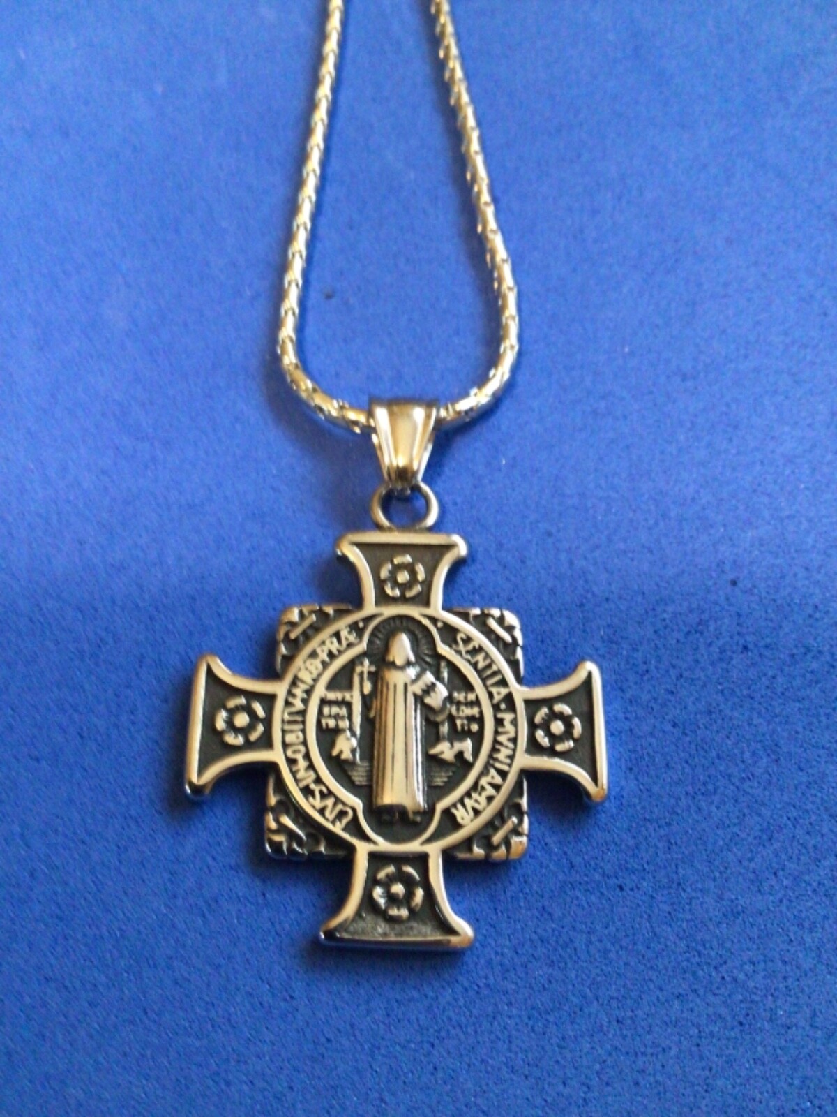 Antiqued St BENEDICT NECKLACE Pendant Protection Saint Medal Stainless Steel 29″