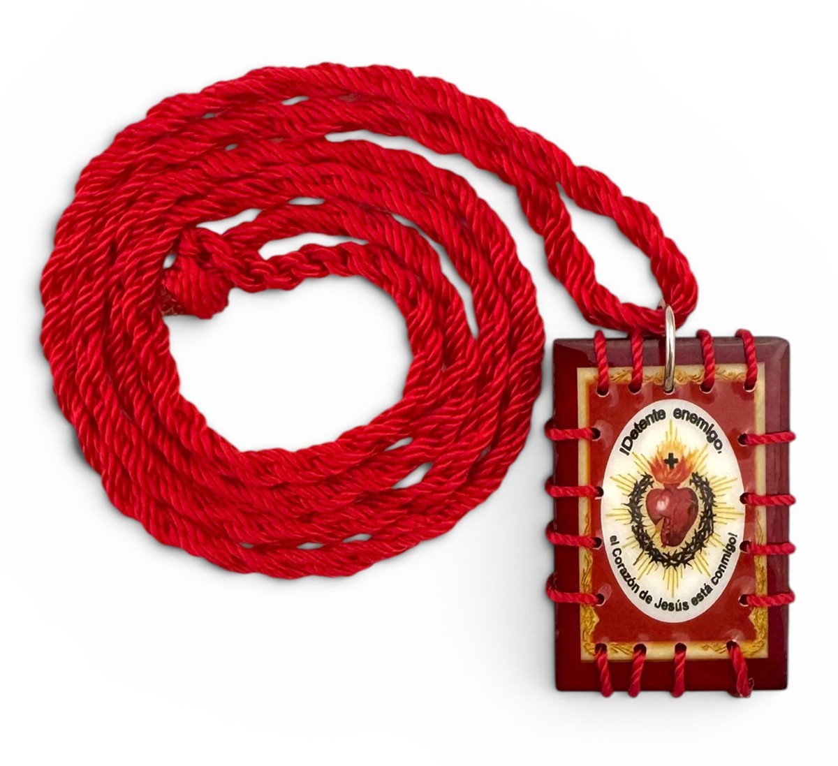 Detente Jesus Esta Conmigo Sagrado Corazon de Jesus Red Wood Scapular Necklace