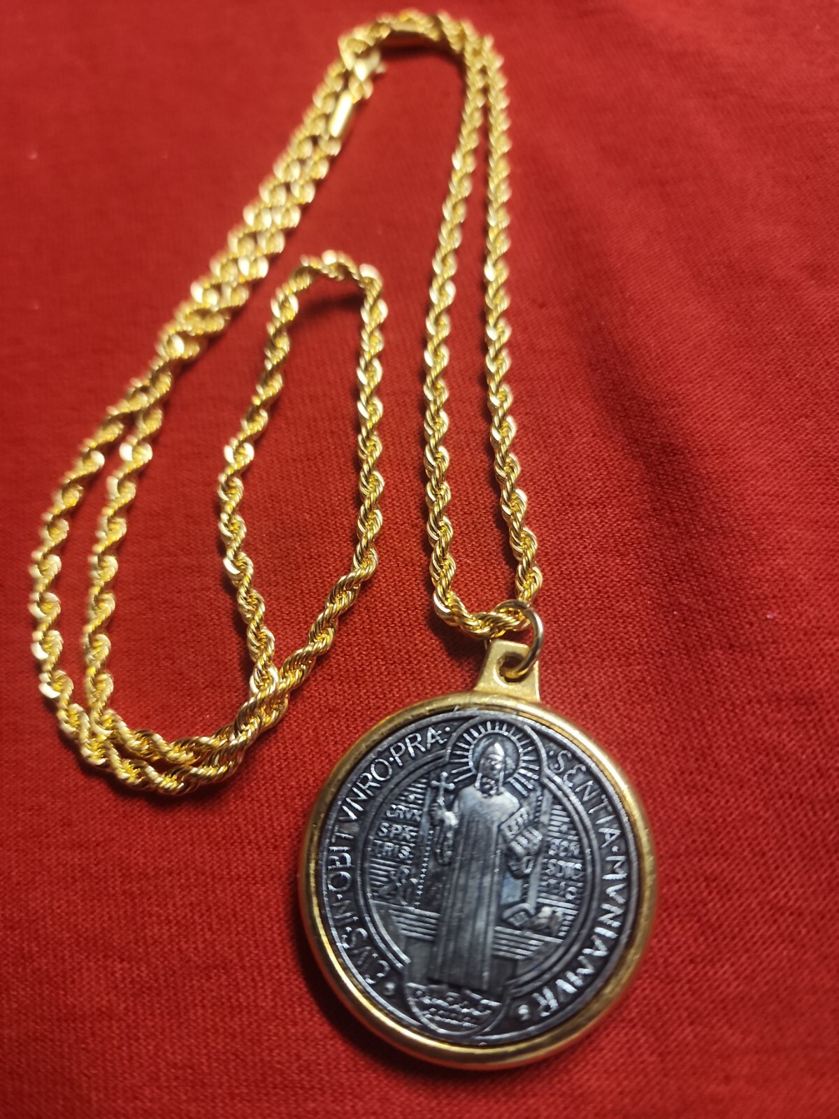 Saint St Benedict Medal Silver And Gold Pendant Necklace w 24″ Gold Plated Chain