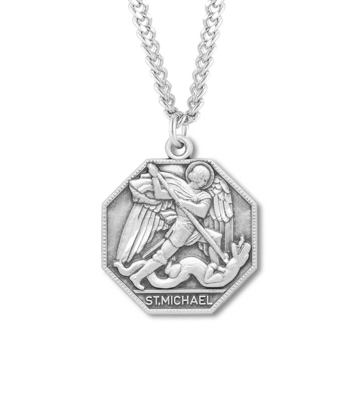 Large Sterling Silver Mens Saint St Michael Pendant Medal Necklace w/ 24′ Chain