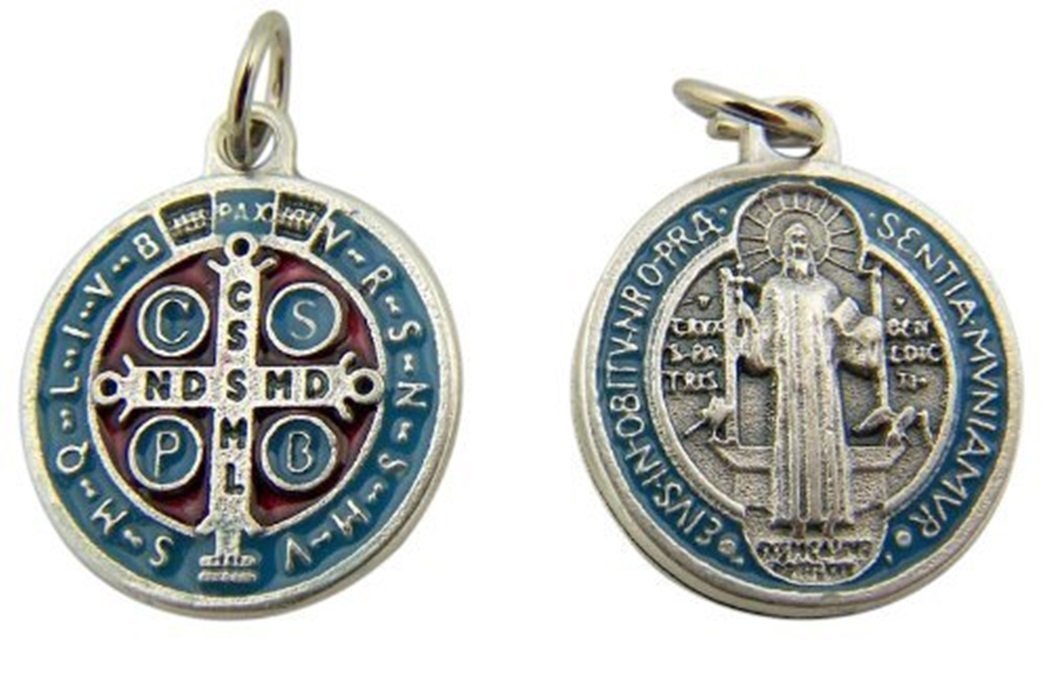 Red Blue Enamel Saint Benedict of Nursia Evil Protection Medal, 1 Inch