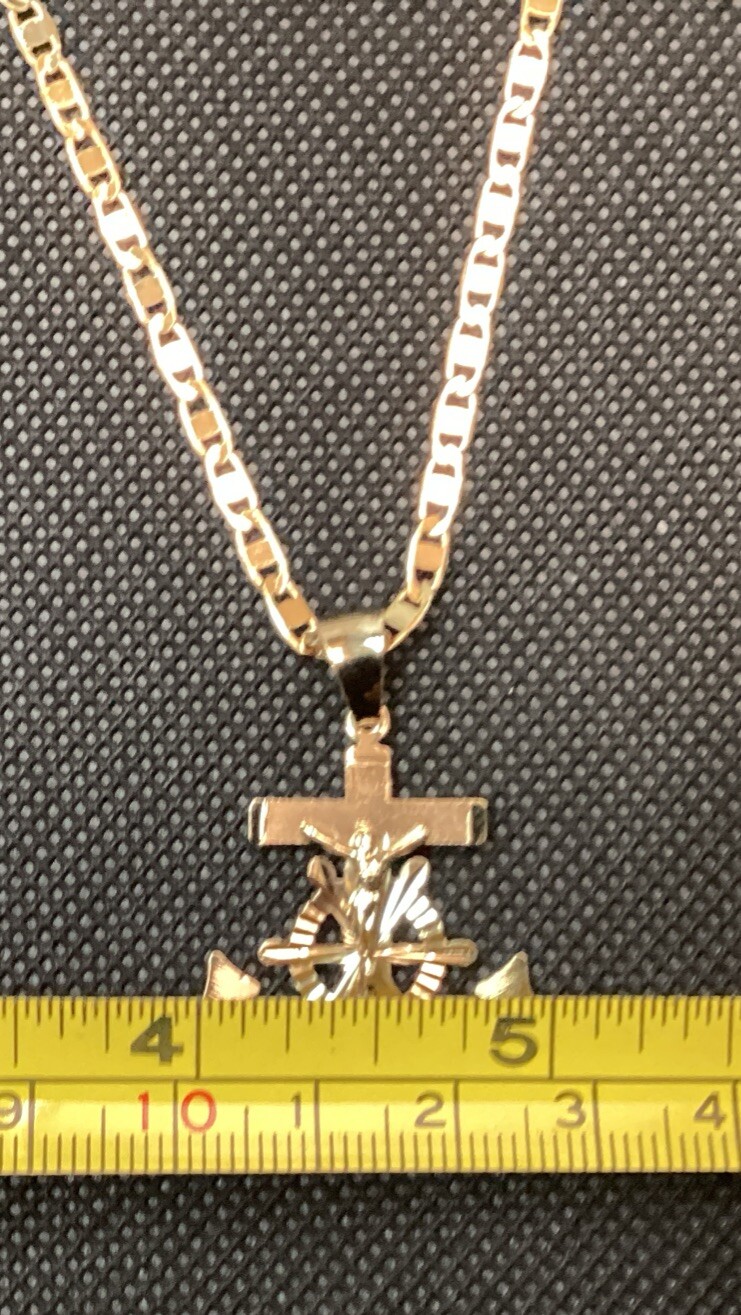14K Gold Plated Mariner Crucifix Anchor Cross Pendant And Chain 22” Ancla Y Timo