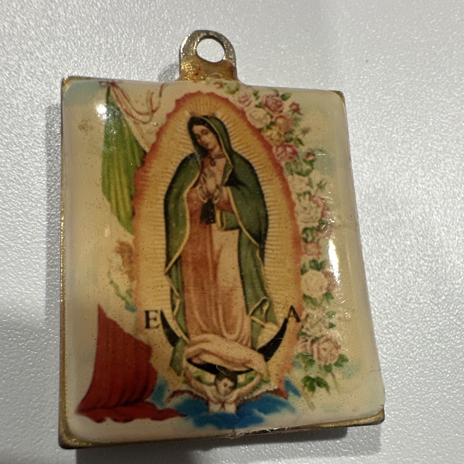 Rectangular Christian Medal Pendant w/ Loop Bail Our Lady of Guadalupe & Saint