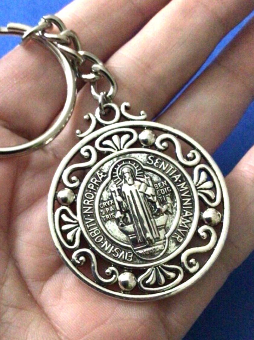 Saint St BENEDICT Keychain Key Ring Protection Silver Tone Ornate 4-1/4×1-1/2”