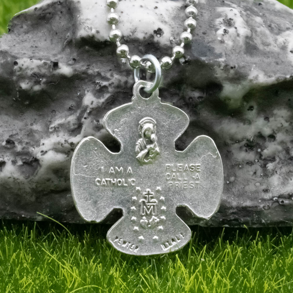 Four Way Catholic Cross Jesus 4-Way Medal Pendant Necklace Pewter Made In Italy