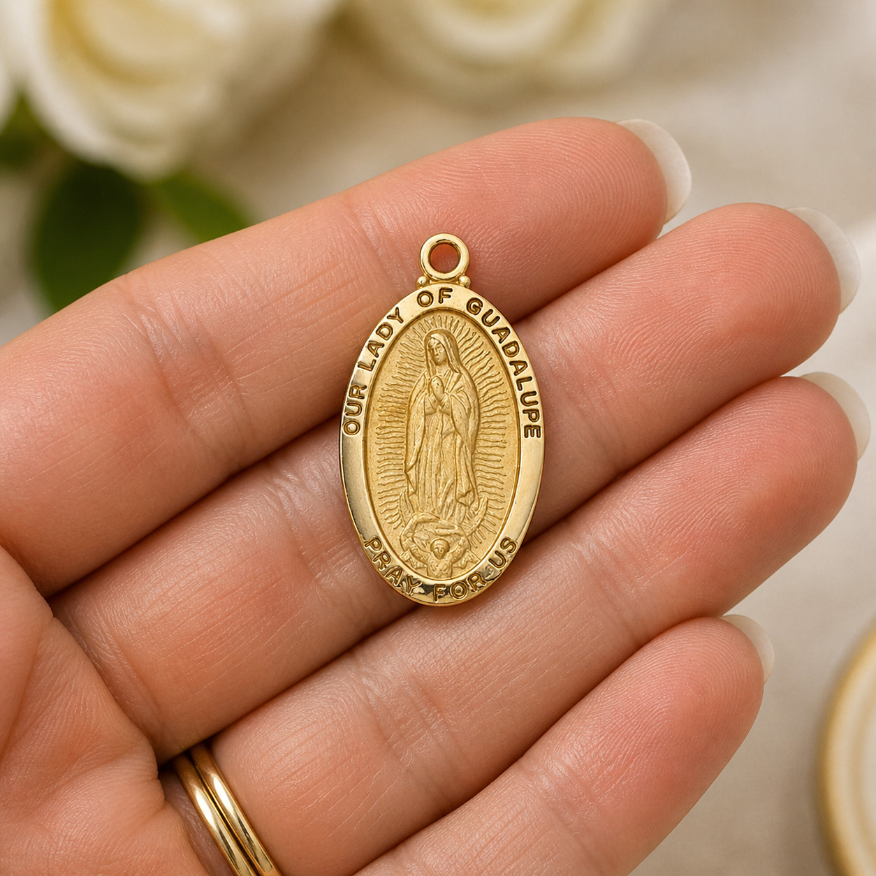 Gold Plated Sterling Silver Our Lady of Guadalupe Medal Oval Pendant Necklace