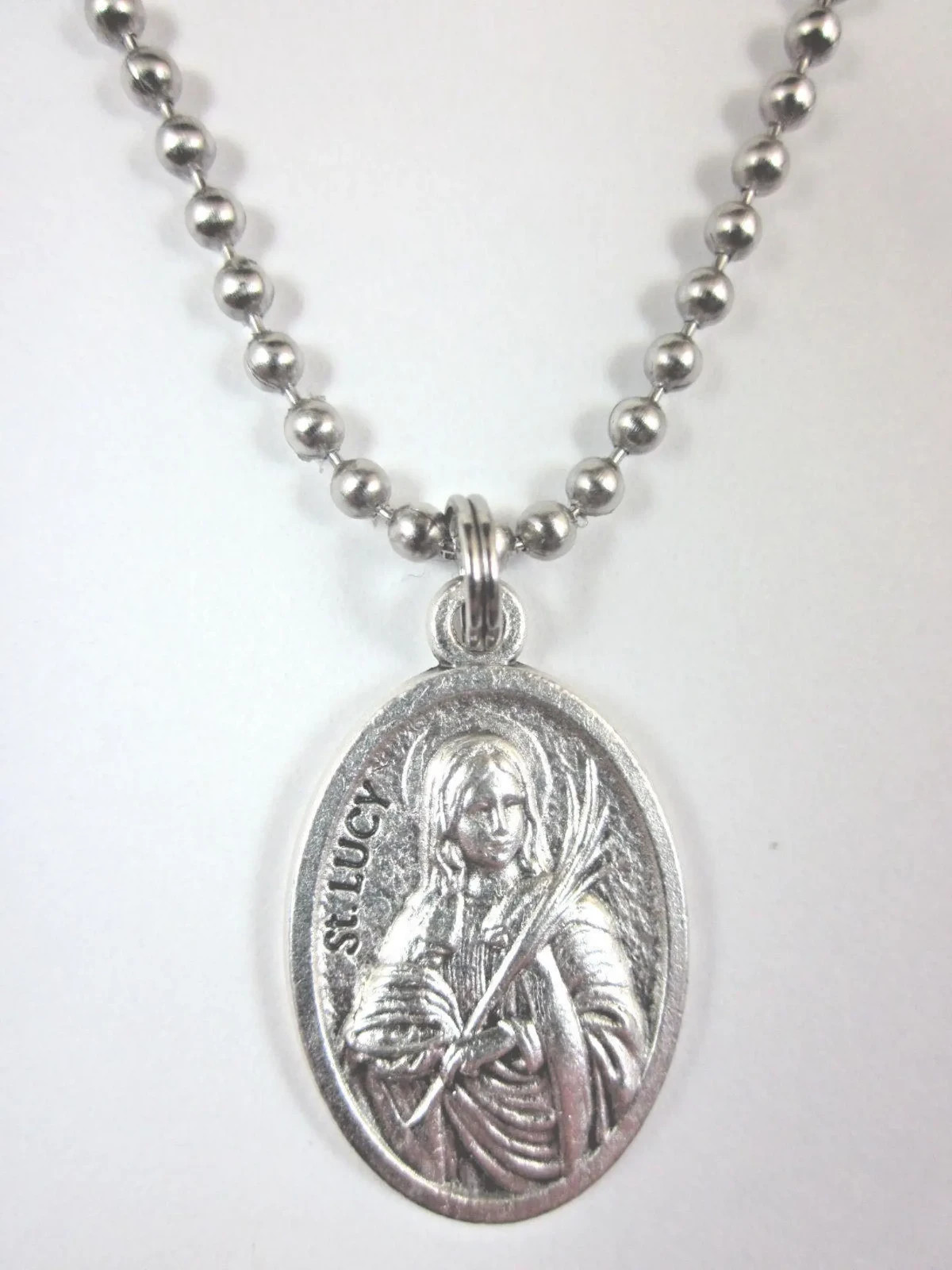St Lucy Medal Italy Pendant Necklace 24″ Ball Chain Gift Box & Prayer Card