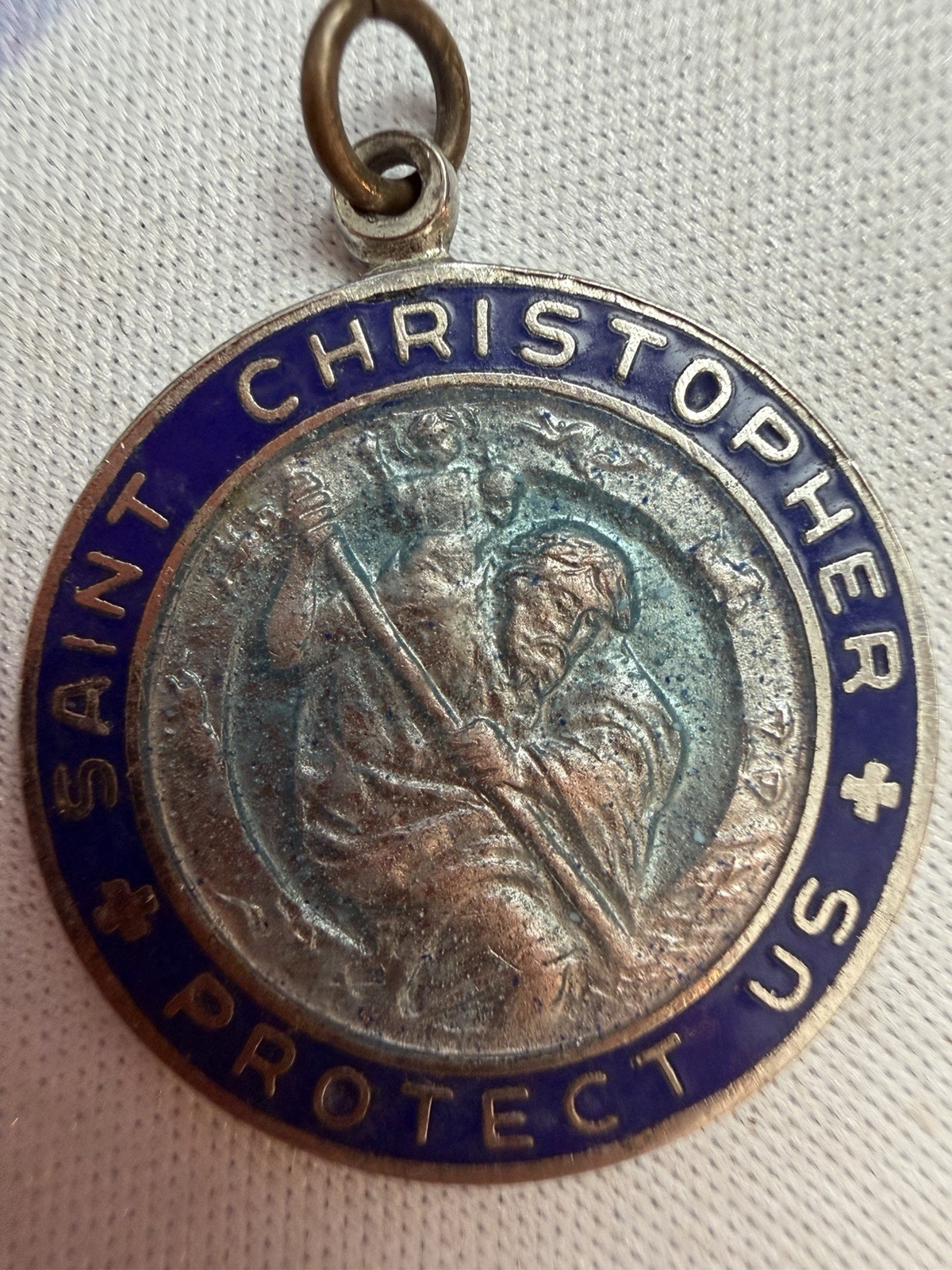 Vintage 1960s Enamel St Christopher Surfer Protection Medal Pendant Blue Rim 1”