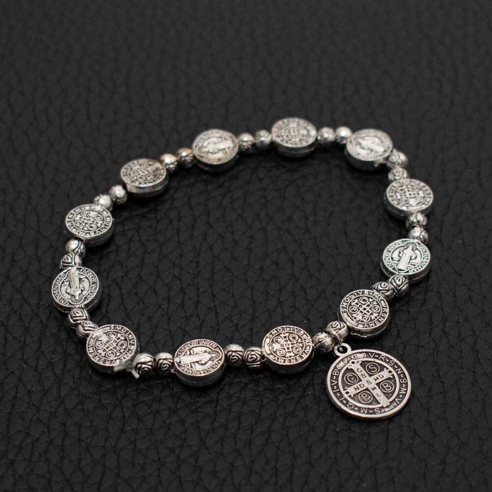 Saint St Benedict Medal Silver Rosary Bracelet Pulsera De Plata De San Benito