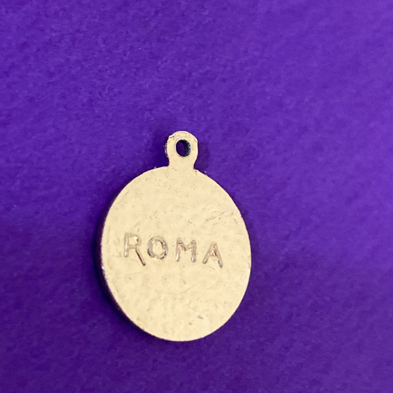 Vintage Virgin Mary Metal Charm Pendant , Gold-Toned, Roma, Christianity, 1/2”