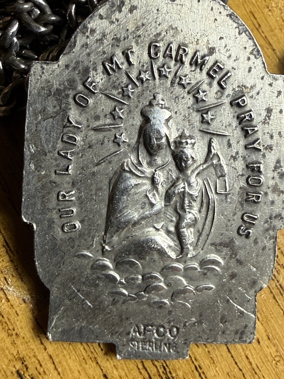 Vintage AFCO Sterling Silver 28” Necklace Sacred Heart of Jesus medal pendant
