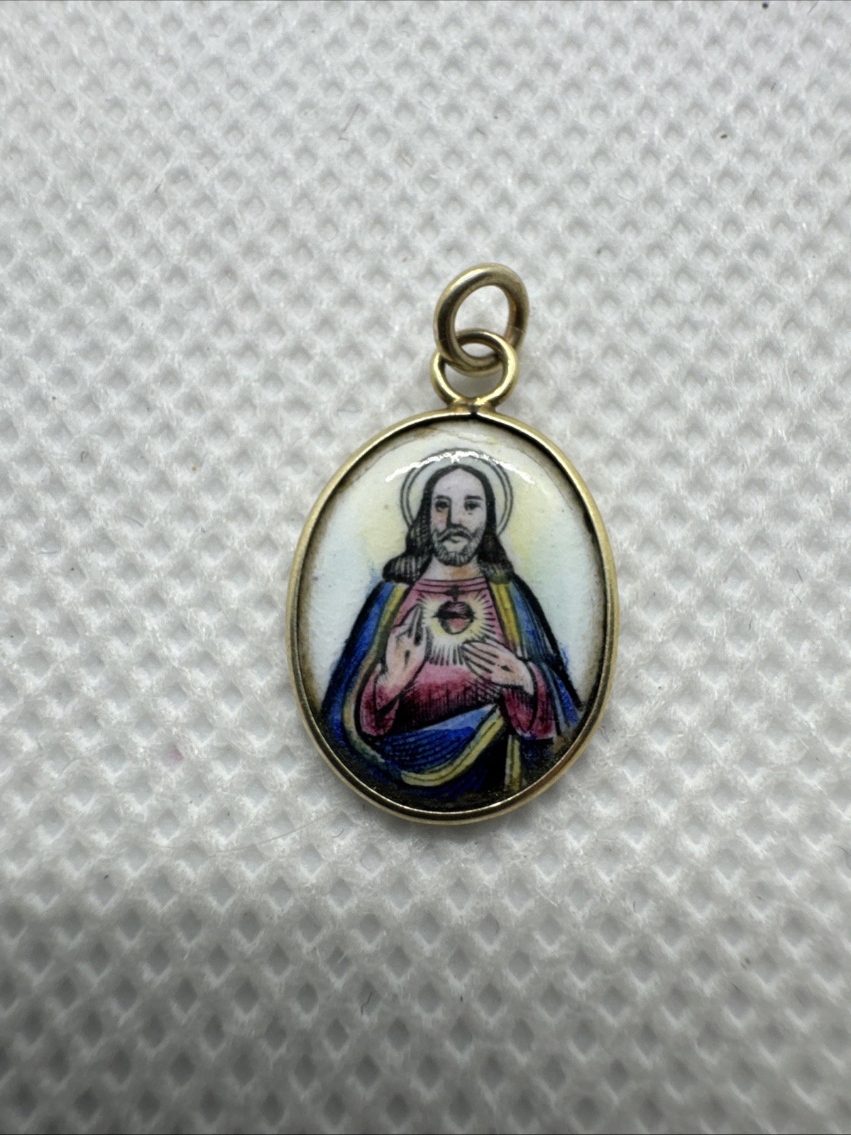 Vintage Sacred Heart of Jesus Sagrado Corazon Medal 14k Gold Pendant Enamel