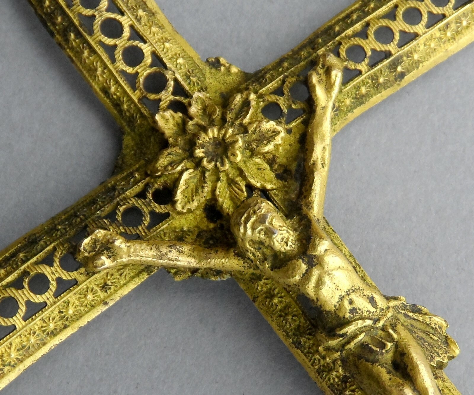 French, Antique Religious Large Brass Cross. Gold Plating Crucifix.
