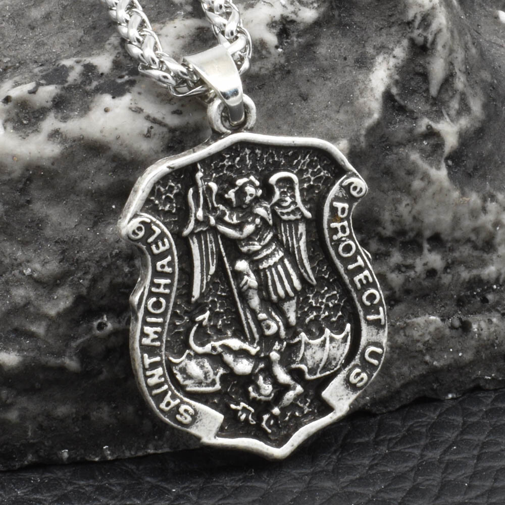 Archangel Saint St Michael Protect Us Medal Shield Pendant Necklace w 20″ Chain