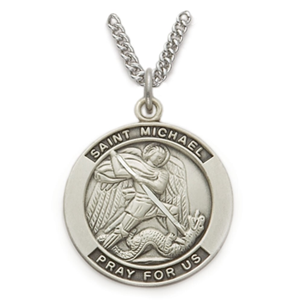 Men’s Solid 925 Sterling Silver Round Saint St. Michael Medal Pendant Necklace