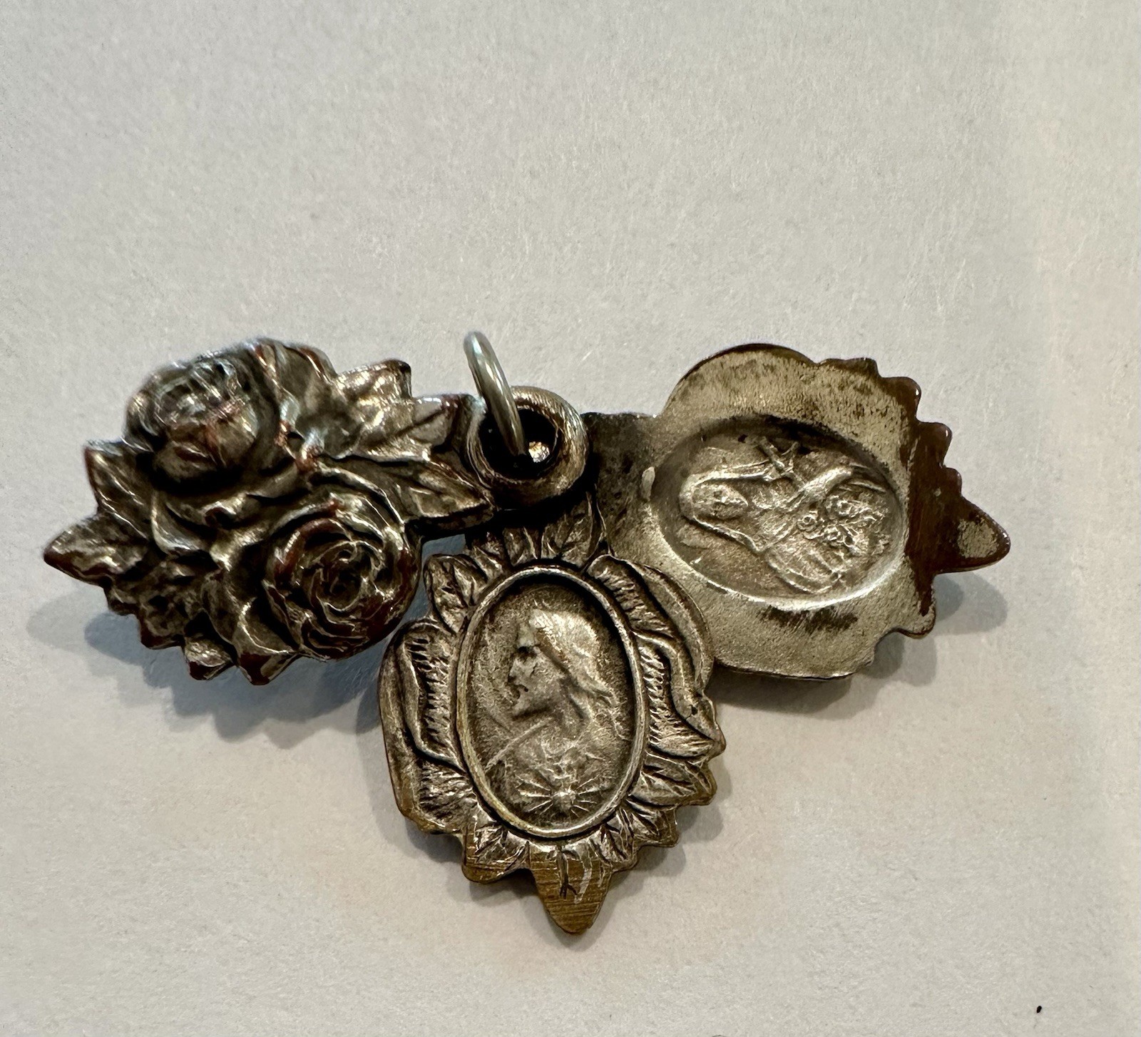 Vintage Catholic Miraculous Rose Triple Slide Sterling Silver Charm Medal