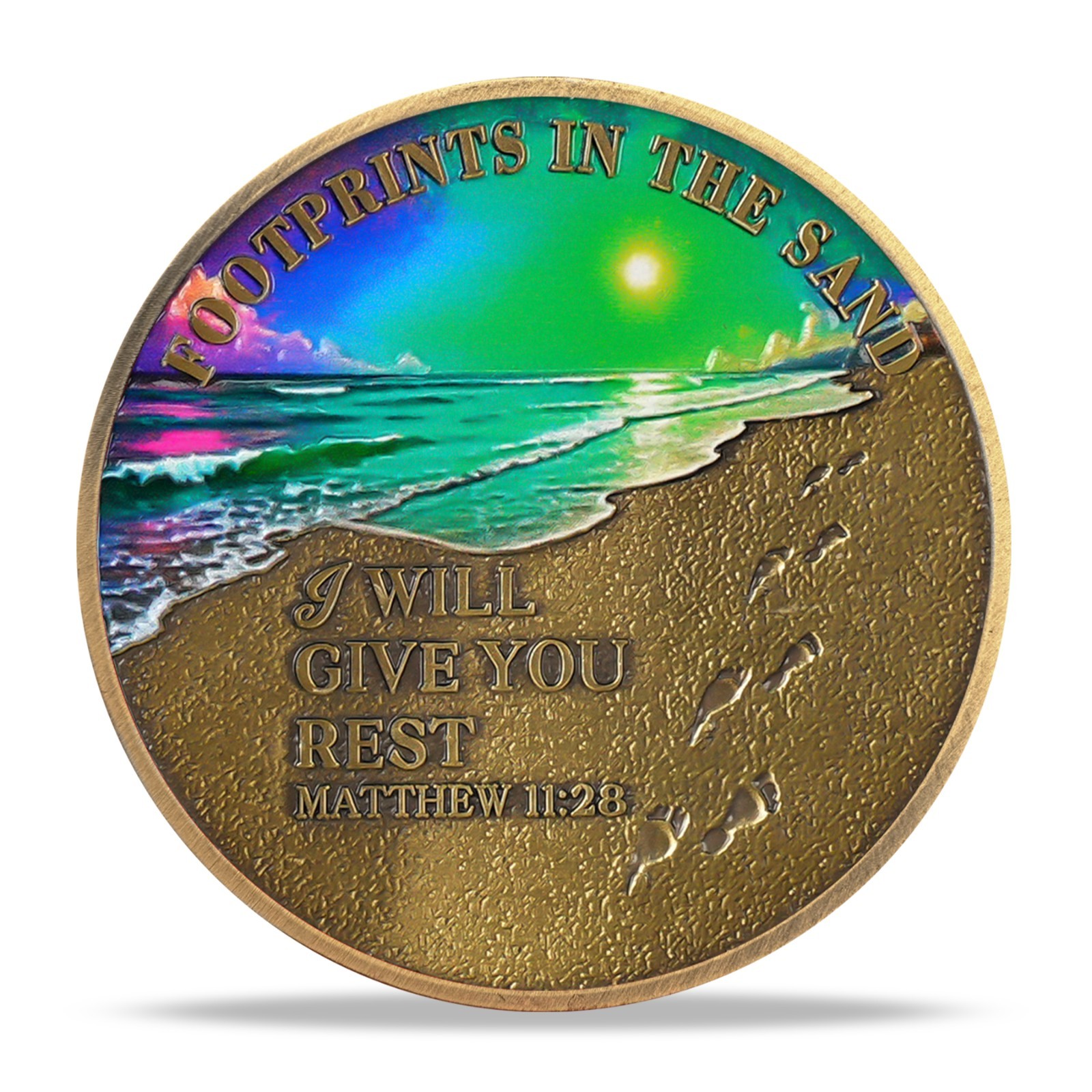 5pcs Inspirational Christian Coin Footprint In The Sand Matthew 11:28 Verse Coin