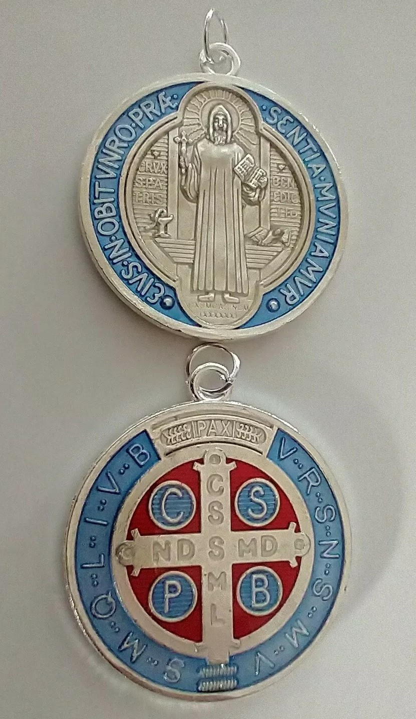 Catholic One St Benedict Medal Two-Sided Silver Blue Red Accents