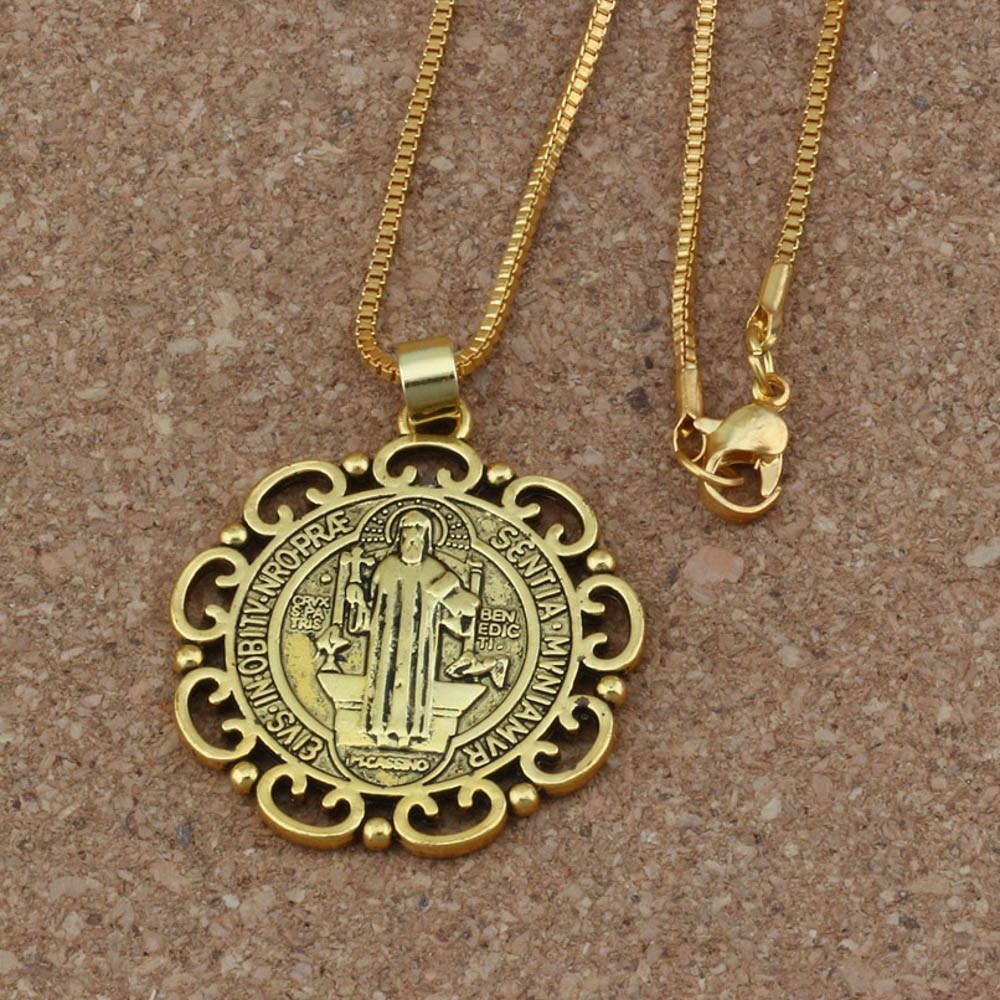 Gold Saint St Benedict Medal Filigree Border Pendant Necklace – 24″ Box Chain
