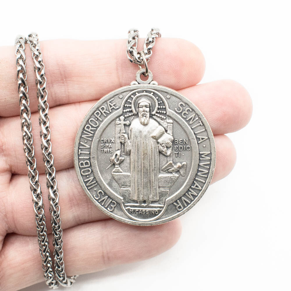 Extra Large 2″ Saint St Benedict Medal Italy Pendant Necklace w 24″ Spiga Chain
