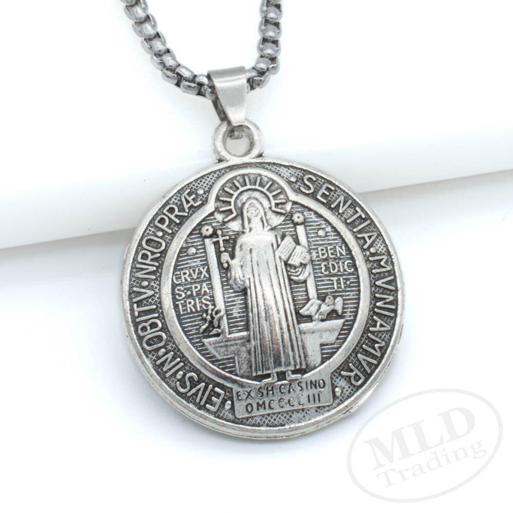 3D Saint St Benedict Medal Thick Pendant Necklace w 24″ Box Chain Silver Tone
