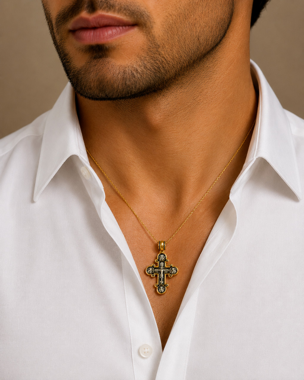 Saint St Michael Gabriel Russian Protection Cross Pendant Gold Silver Crucifix
