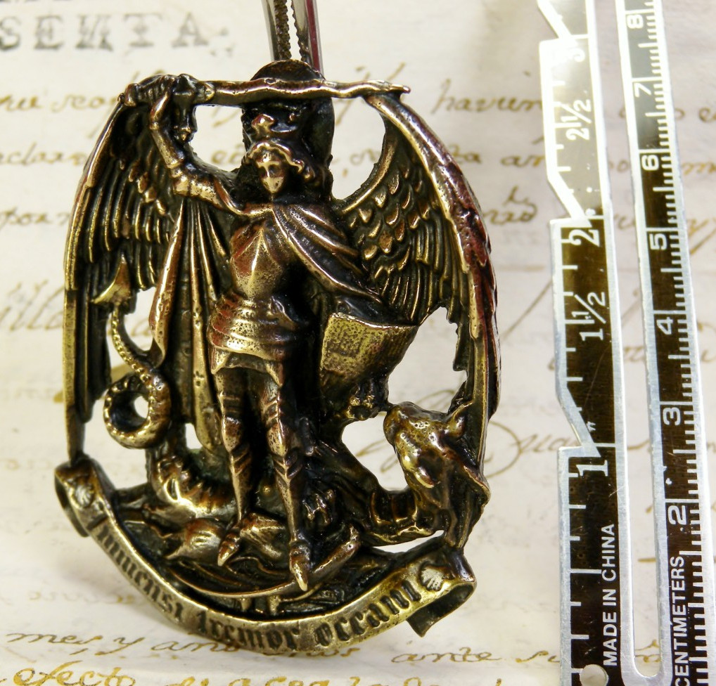 Cardinals Antique Catholic St. Michael Archangel Abbey Pilgrimage Bronze Pendant