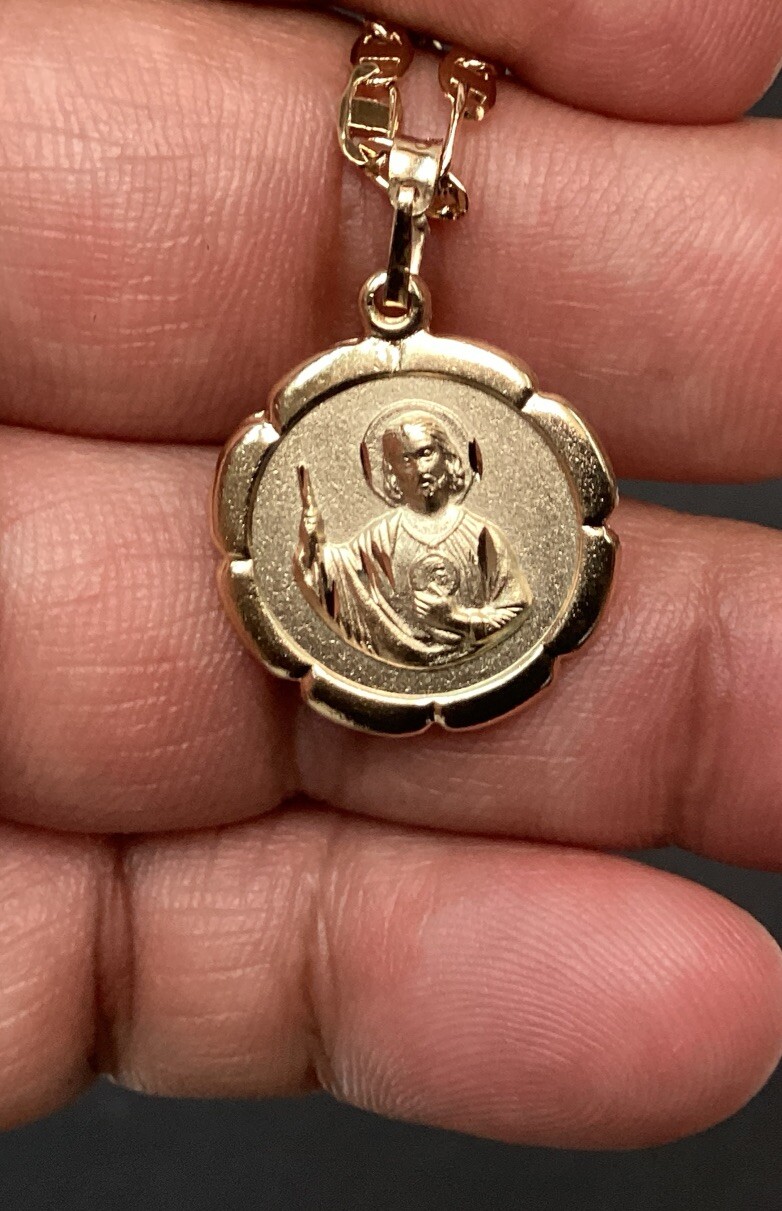 14K Gold Plated Medal And Chain Of Guadalupe And St Jude 3D. Necklace San Judas