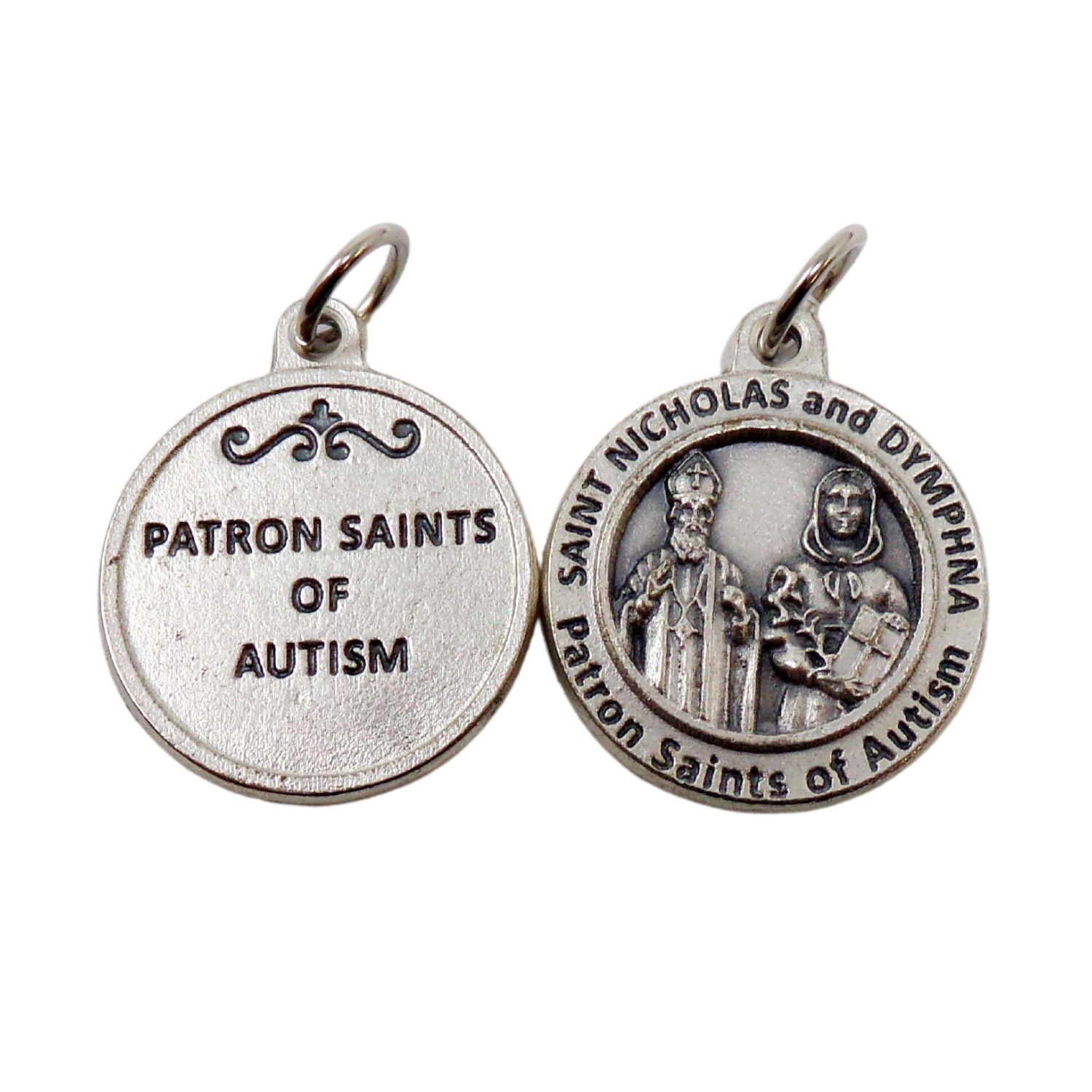 St Saint Dymphna and Nicholas of Autism Silver Tone Medals Rosary Parts 1 In