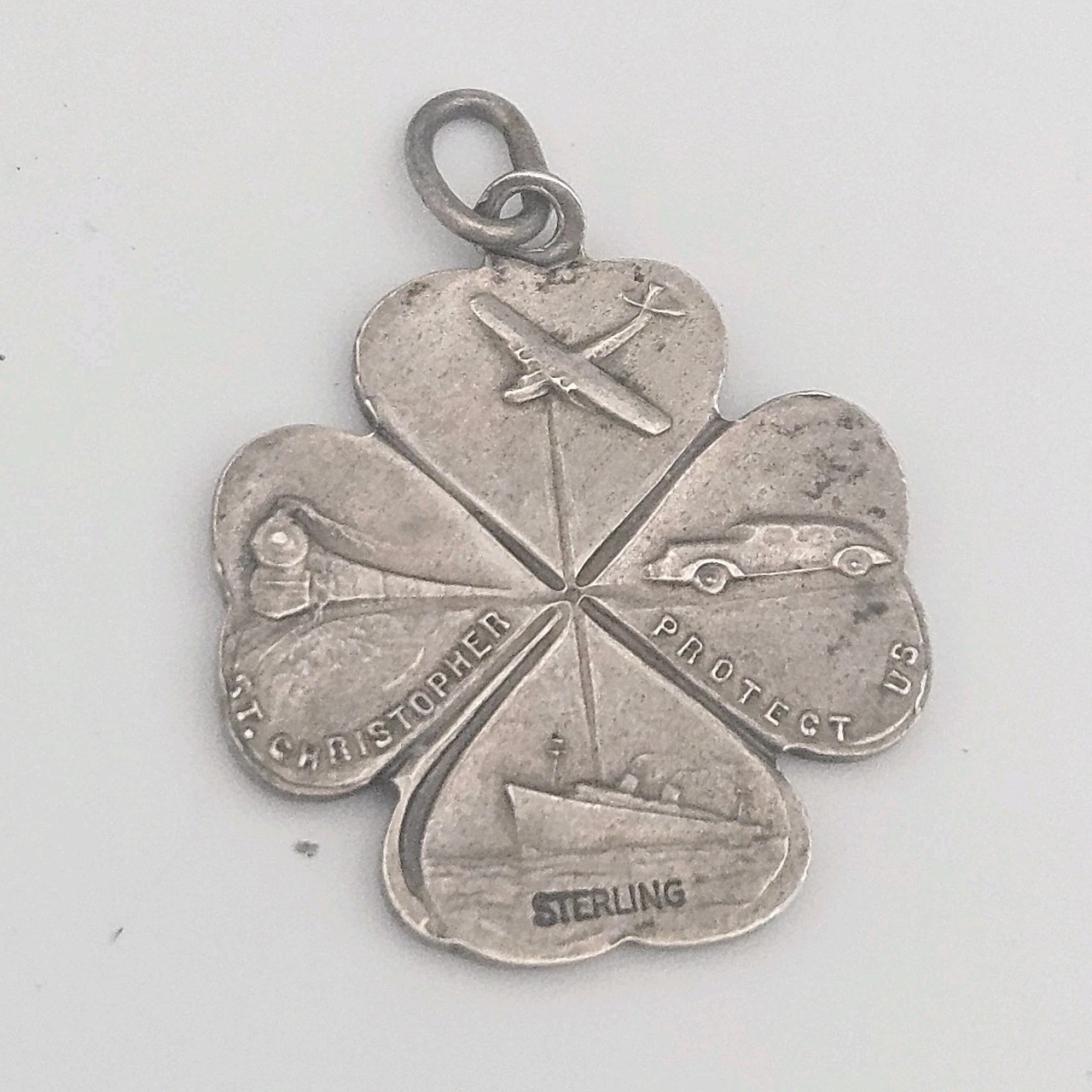 Vintage Shamrock Clover St. Christopher Protect Us .925 Sterling Silver Pendant