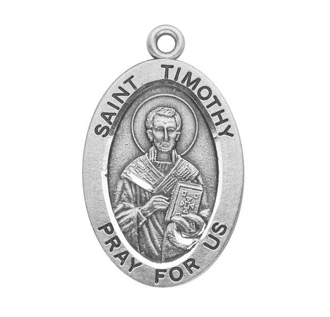 St. Timothy Sterling Silver Oval 1.1″ Medal, Gift Box, 24″ Chain, US Made