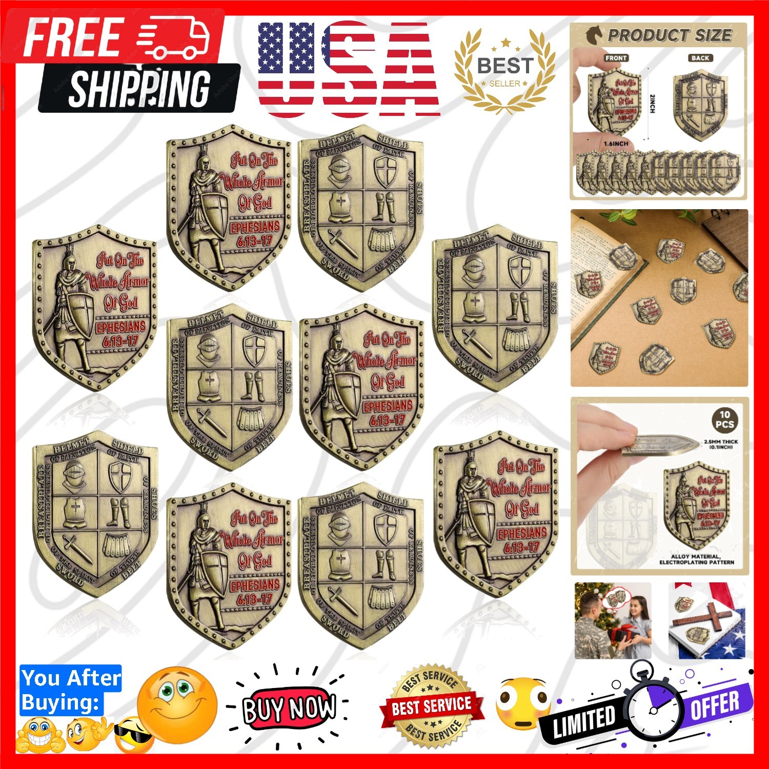 10 Pcs Put on the Whole Armor of God Coin Religious Prayer Coins for Christia…