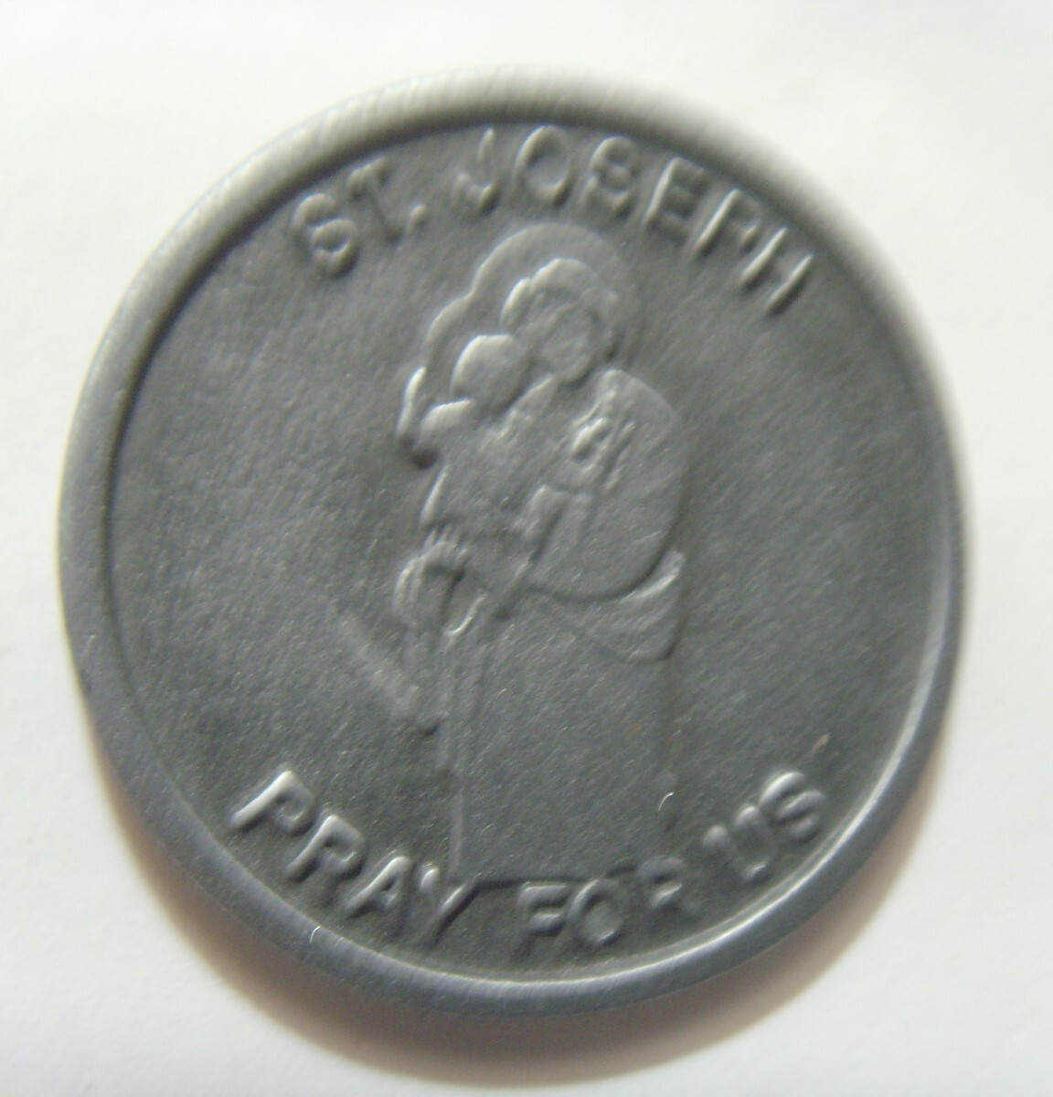 1960s vintage grey silver tone metal catholic Saint Joseph pocket token EL1081