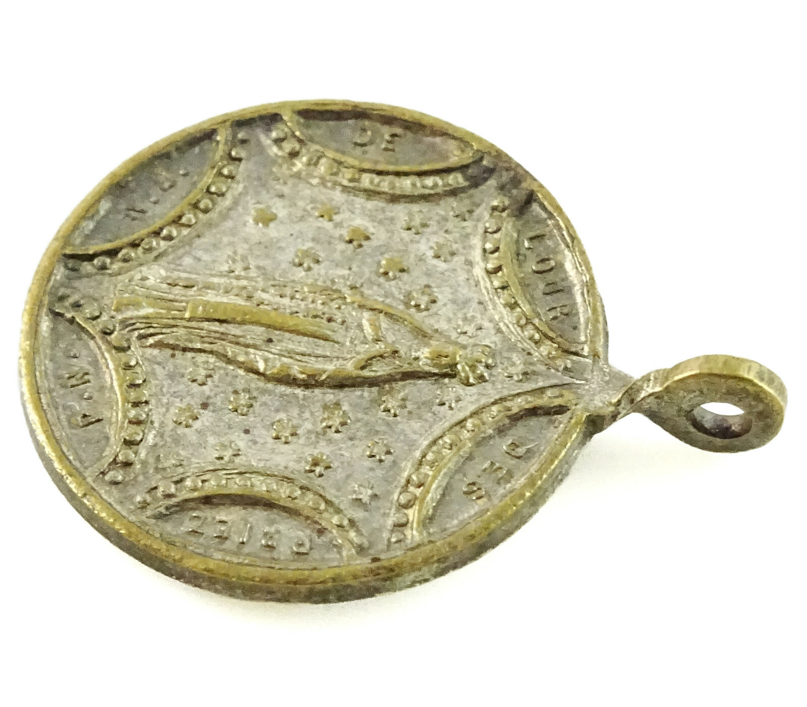 Antique Catholic Medal Notre Dame de Lourdes Grotto Apparition Twisted Bail