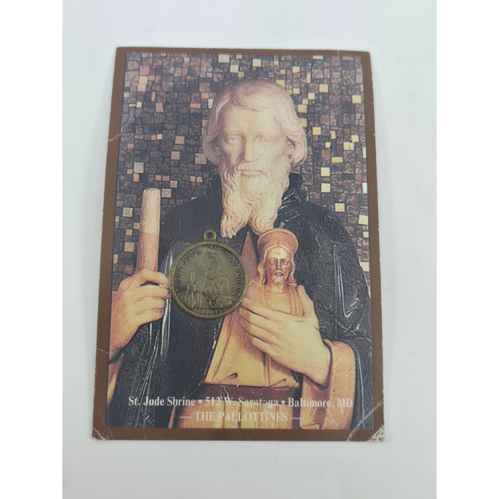 Vintage St. Jude Shrine Baltimore MD Holy Card with Metal Medal The Pallottines