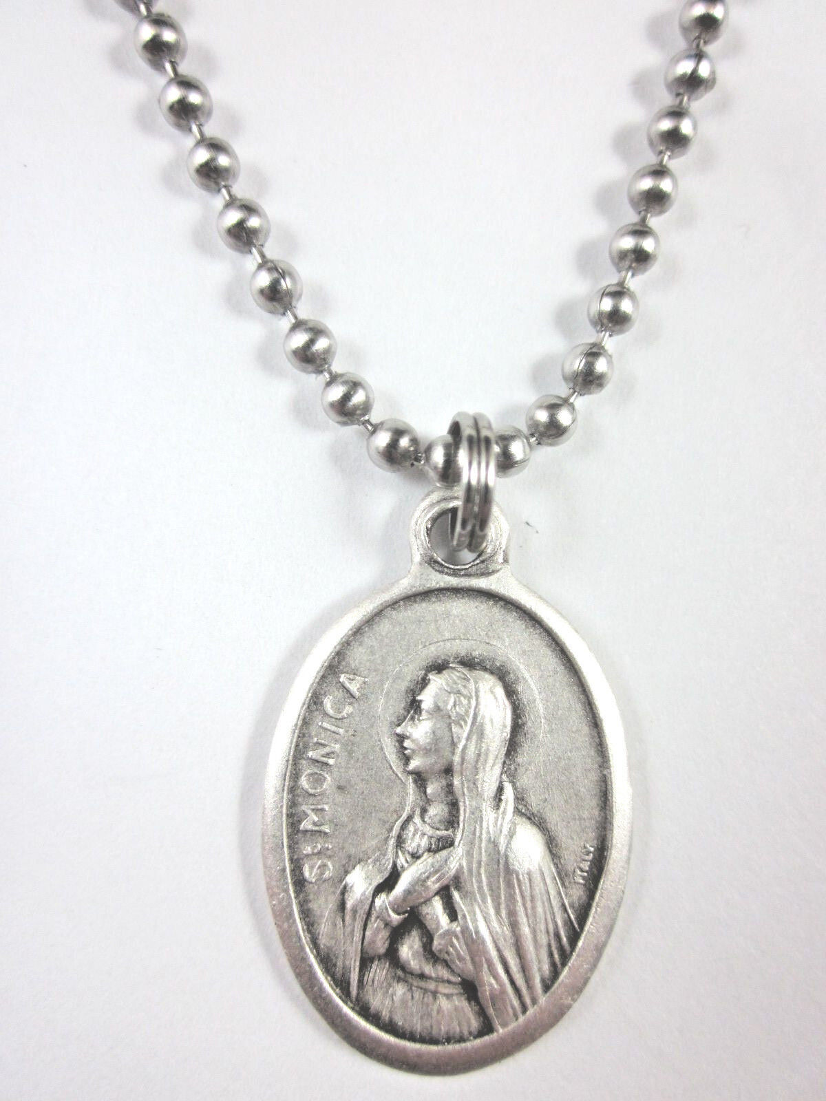 St Monica Medal necklace 1″ pendant 24″ stainless steel ball chain +Prayer card