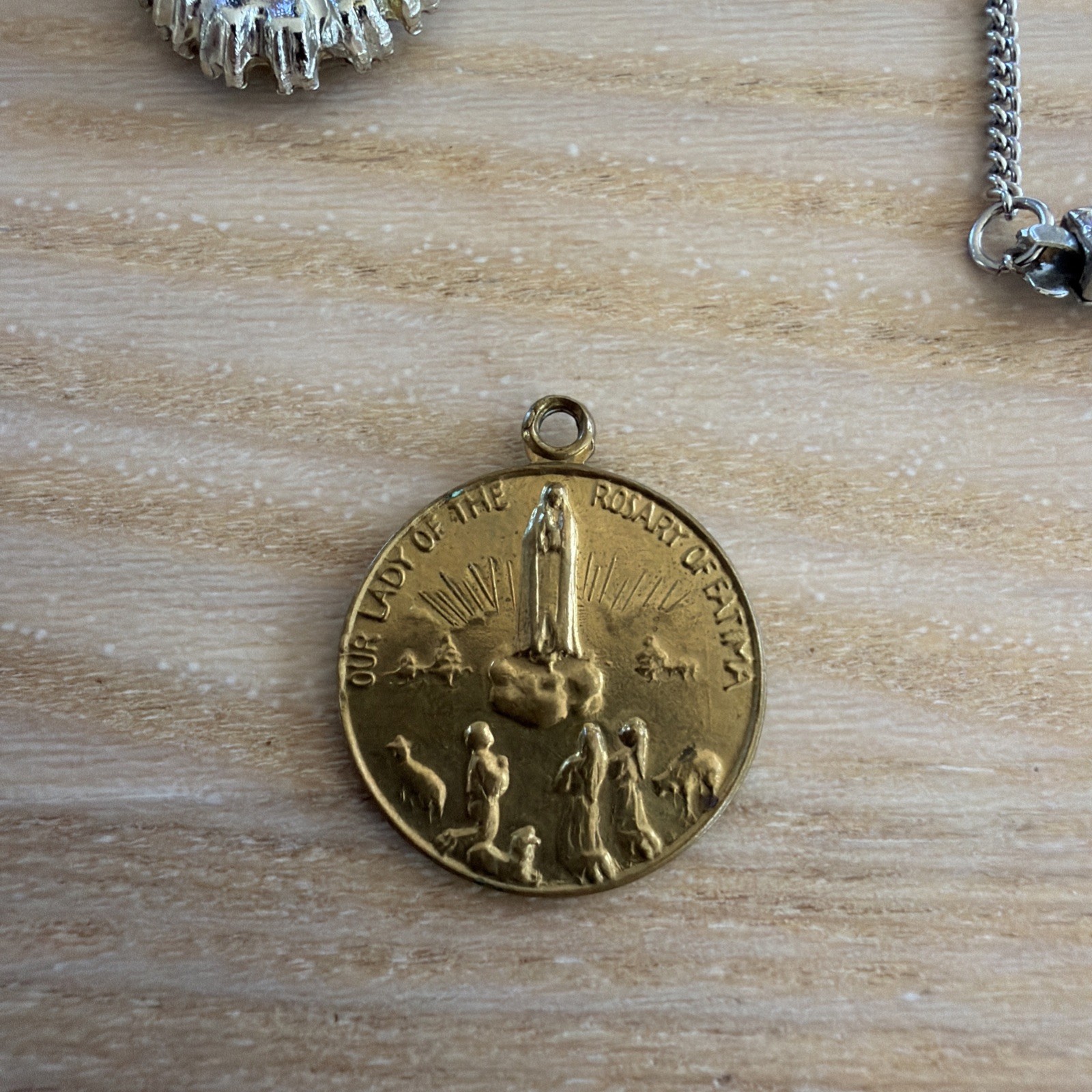 Vintage Our Lady of Fatima Catholic Medal Pendant Charm Silver Tone & Gold Tone