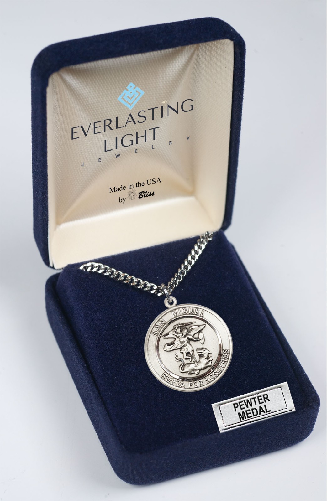Pewter San Miguel Arcangel Catholic Medal Pendant Necklace 24″ Chain GiftBox