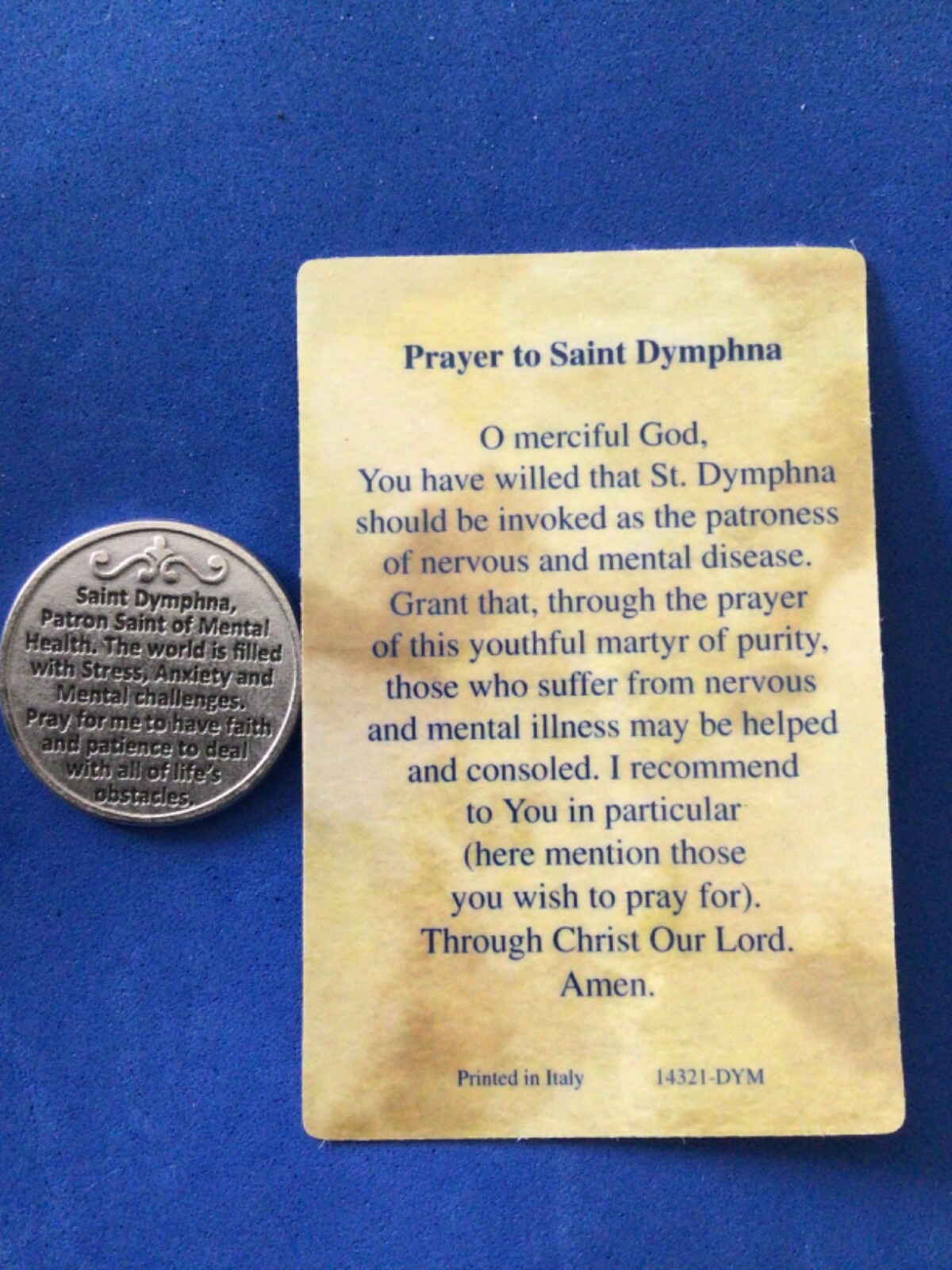 St DYMPHNA Pocket Token Stress Anxiety + RELIC Card 1-1/8″ Saint Medal Silver