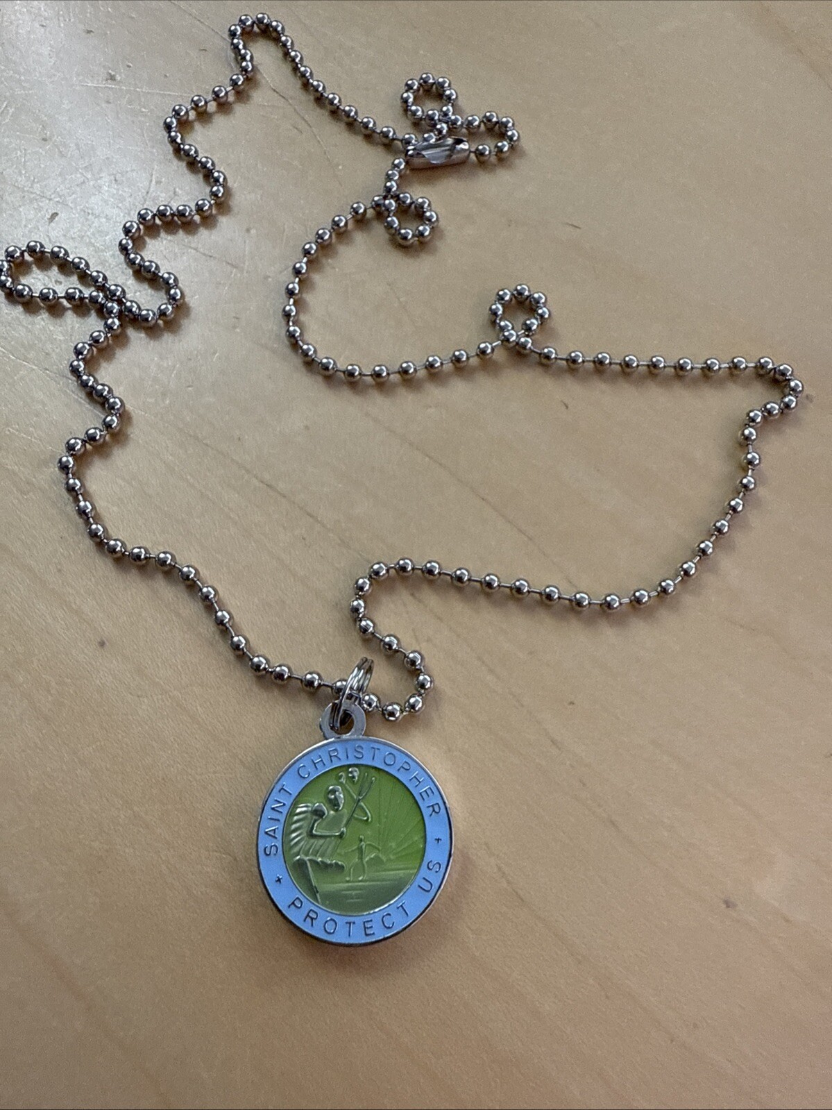 surfing pendant ST CHRISTOPHER Protect ME blue green MEDALLION coin 3/4″ shallow