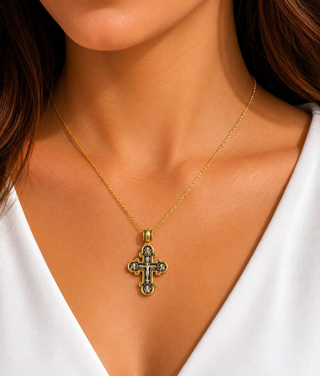 Saint St Michael Gabriel Russian Protection Cross Pendant Gold Silver Crucifix