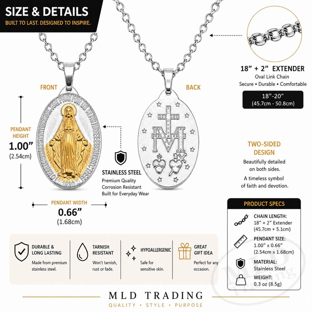 Silver & Gold Miraculous Medal Necklace – Stainless Steel Pendant 18″+2″ Chain